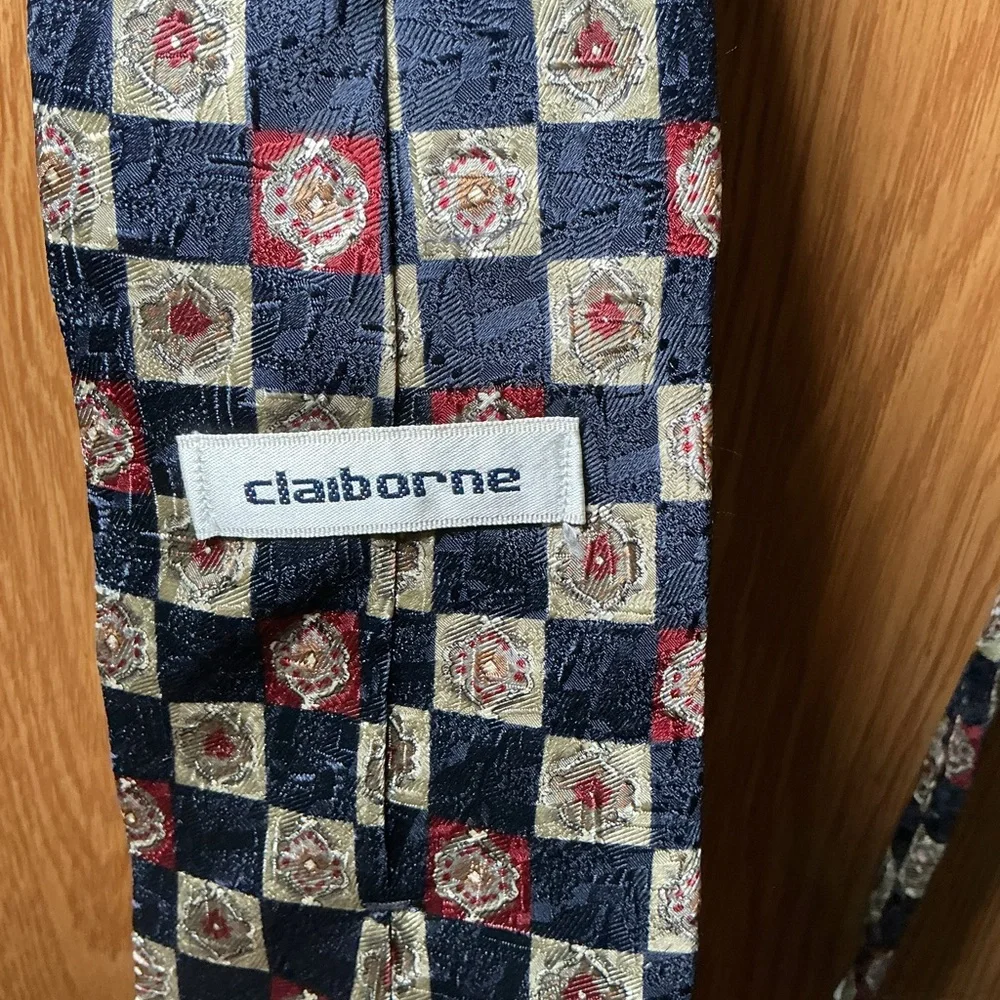 Claiborne Navy Checkered Silk Tie | Gold & Burgundy Medallion Print
